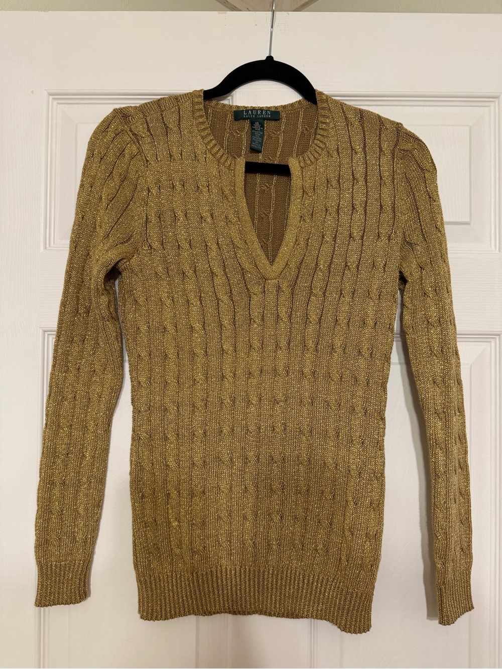 Ralph Lauren Metallic Gold Cable-Knit Crew Cardigan